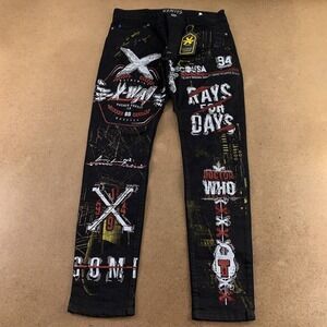 Xway Mens 30 x 30 Black Stretch Graffiti Dr Who Rays For Days Straight Jeans NWT